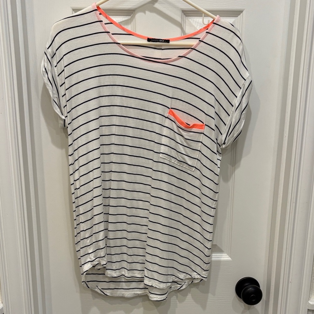 Papermoon White and Black Striped Top with Neon Pink Trim